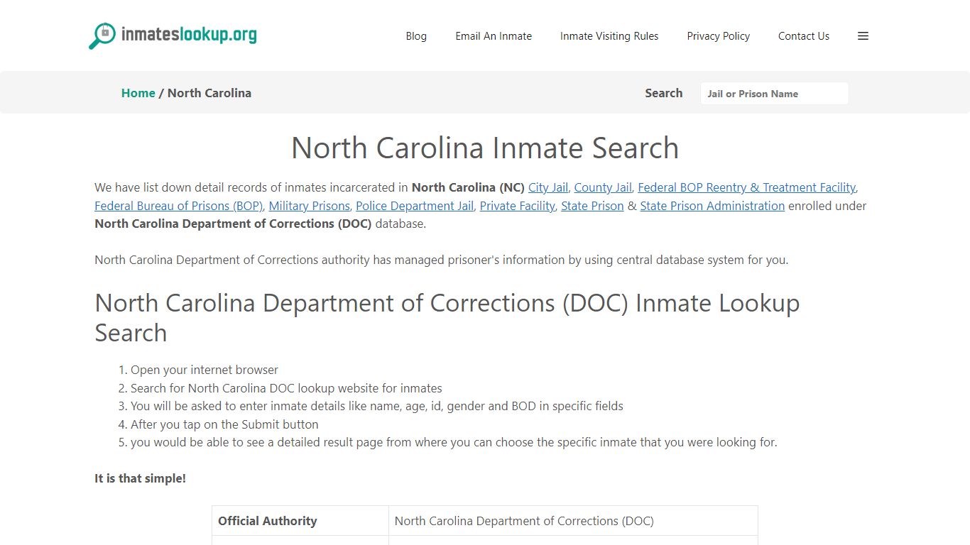 North Carolina Inmate Lookup & Search - North Carolina Department of ...